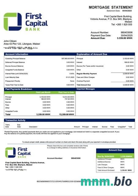 Malawi First Capital Bank Malawi wyciąg z kredytu hipotecznego szablon Word i PDF